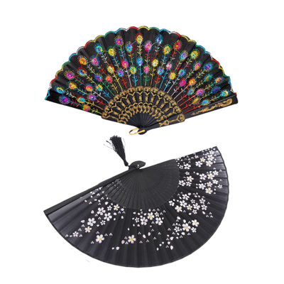 Colored Embroidered Flower Pattern Black Cloth Folding Hand Fan for Woman &amp; Bamboo Silk 8.27 Inch(21cm) Folding Fan