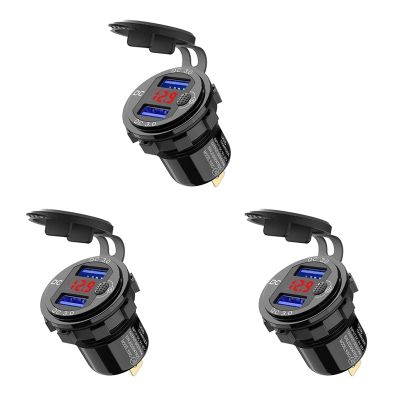 3X Quick Charge 3.0 Dual 12V USB Car Charger, Aluminum Socket with Switch Button and Red Digital Voltmeter, Waterproof