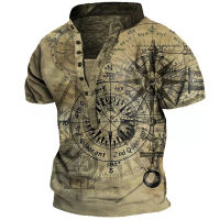 Mens Fashion Summer 3D Print Compass T-shirt Nylon Oversized Button V-neck Cross Style Vintage T Shirt Male Short Sleeve Tops