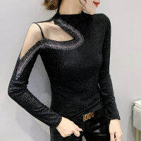 Black Long-Sleeved Turtleneck Womens T-Shirt New 2021 Autumn Winter Hollow Out Diamonds Mesh Tops Plus Size Clothing