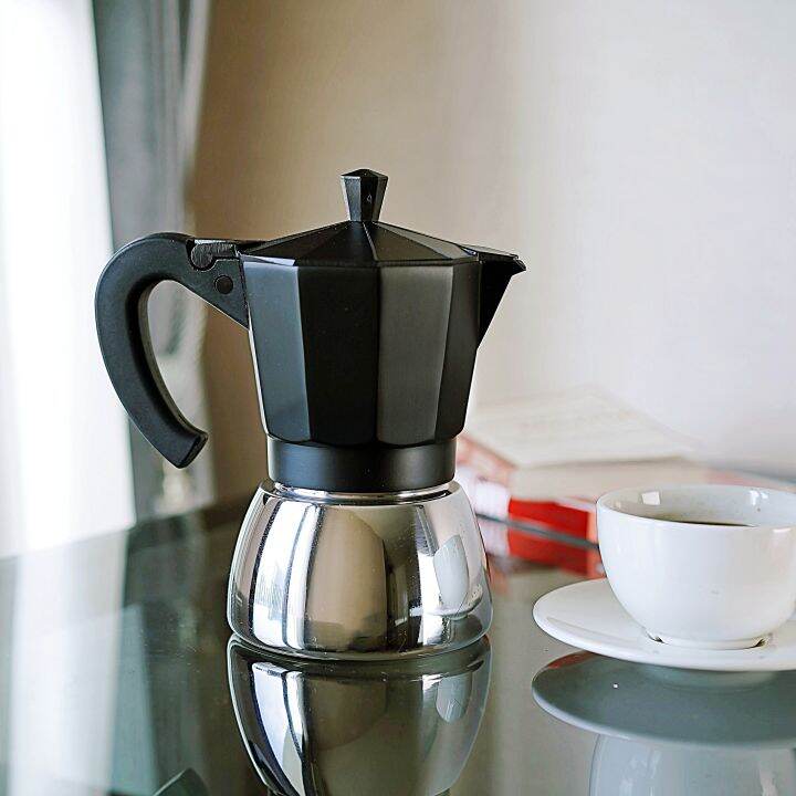 4cup-6cup-เครื่องชงกาแฟ-กาต้มกาแฟ-มอคค่าพอท-ฐานสแตนเลส-stainless-moka-pot-ใช้ได้กับเตาแก๊ส-เตาไฟฟ้า-และเตาแม่เหล็กไฟฟ้า-สีดำ