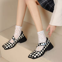 Phoentin 2022 New Spring checkered mary janes shoes Retro Genuine Leather Strange toe 5cm Heels Woman Pumps Party Shoes FT1814