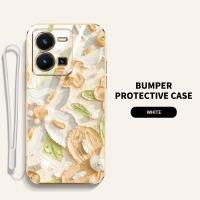 เคสโทรศัพท์สำหรับ Vivo Y35สไตล์ภาพวาดสีน้ำมันแบนลายดอกไม้สายคล้องเคสนิ่มเคลือบอิเล็คโทรเพลท