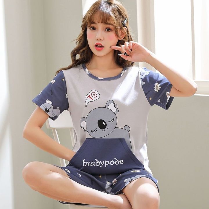 Summer Women Cotton Pajamas Set Short Sleeve Cartoon Print Sleepwear  Top+Shorts