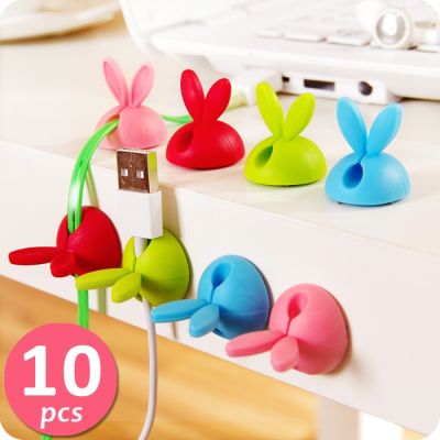10pcs Cable Manager Cute Bunny Ears Cable Clips Silicone Back Adhesive Desk Sticker Phone Charger Winder Earphones Wire Holder