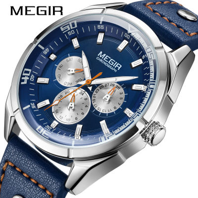 Megir ผู้ชายกีฬานาฬิกามัลติฟังก์ชั่จับเวลานาฬิกาปลุกแฟชั่นหนังสีฟ้านาฬิกาควอตซ์ผู้ชายส่องสว่างกันน้ำ releg hombre