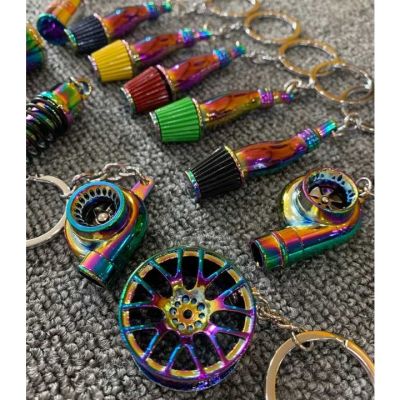 JDM Car Parts Tuning Racing Keychain Turbo Charger Wheel Rim Nitrogen Bottle Gearbox Gear Shift Neo Rainbow Color Alloy Metal Keyring