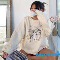 Bay - เสื้อลําลองแฟชั่นสําหรับสตรีแขนยาวคอกลมพิมพ์ลายแมวทรงหลวม