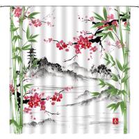 Japanese Bamboo Shower Curtain Vintage Asian Japan Ink Painting Retro Sun Bird Forest Chinese Minimalist Abstract Watercolor Oriental Traditional Natural Scene Decor Fabric Bath Cu