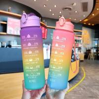 900ML Portable Rainbow Water Bottle Cute Sticker Motivational Outdoor Sport Water Bottle with Time Marker Reusable Plastic Cups