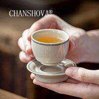 CHANSHOVA 35มล. เครื่องลายครามจีนสไตล์มินิมัลลิสต์กระบอกใส่ชาถ้วยกาแฟขนาดเล็กและชุดจานรอง H569ชุดน้ำชา