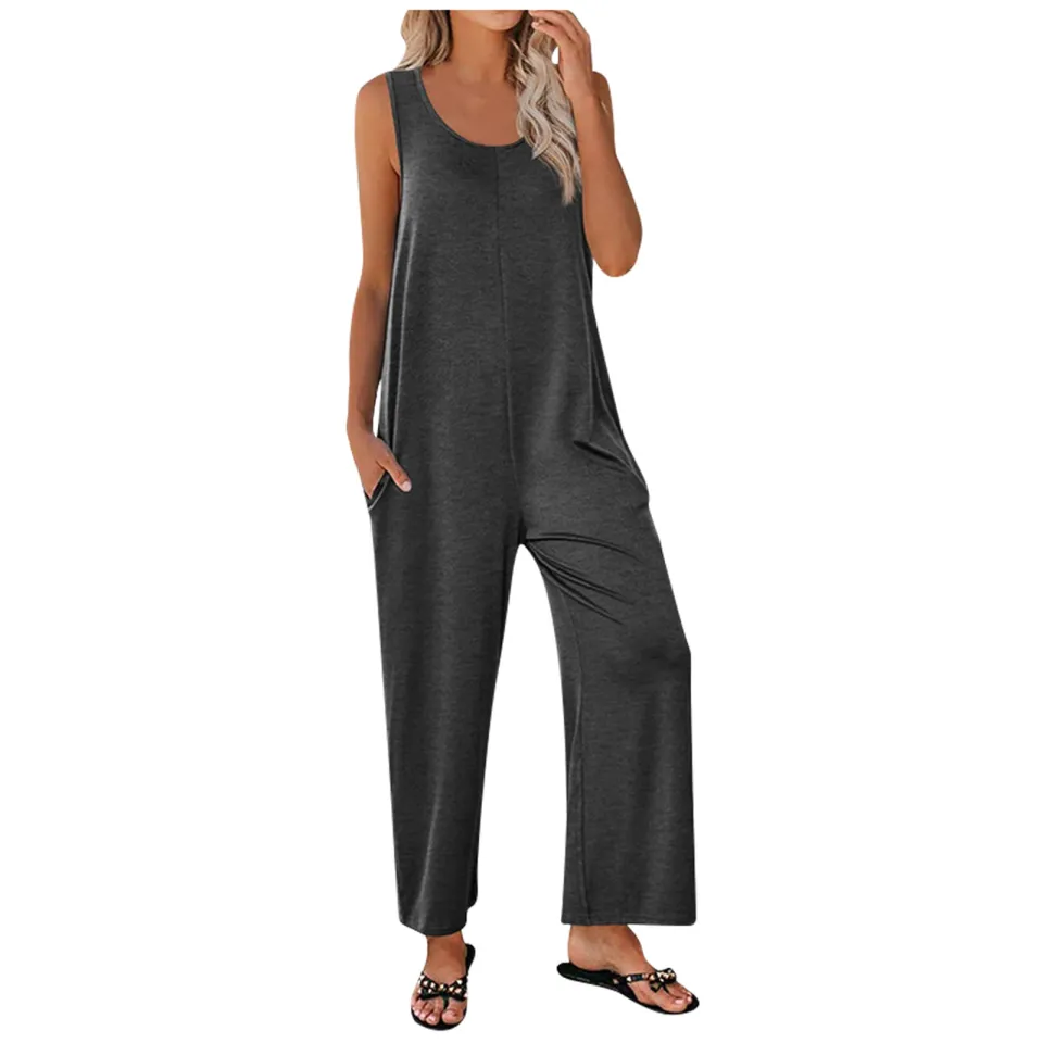 Casual loose solid tank jumpsuit 2024 for women