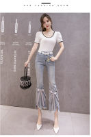 Real Shot European Station Jeans 2023 New Autumn Fashion High Waist Worn Irregular Heavy Craft Beaded Bell-bottom Pants WomenTH