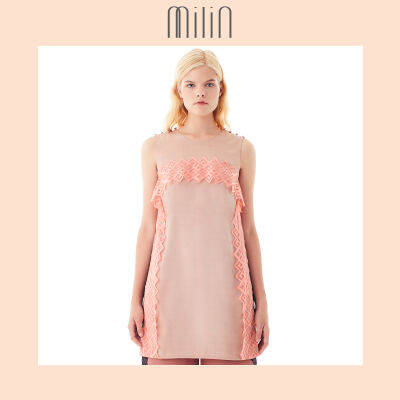 [MILIN] Buttons shoulder Features with lace  detail Shiny polyester Sleeveless tunic top เสื้อแขนกุดผ้าโพลีเอสเตอร์แต่งลูกไม้และกระดุมไหล่ สีชมพู Shi Cheng top