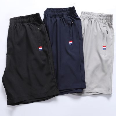 Summer Mens Ice Silk Shorts Loose Sweatpants Classic Tri-Color Label Zipper Pocket Pants Bermuda Plus Size Beach Pants M-8XL