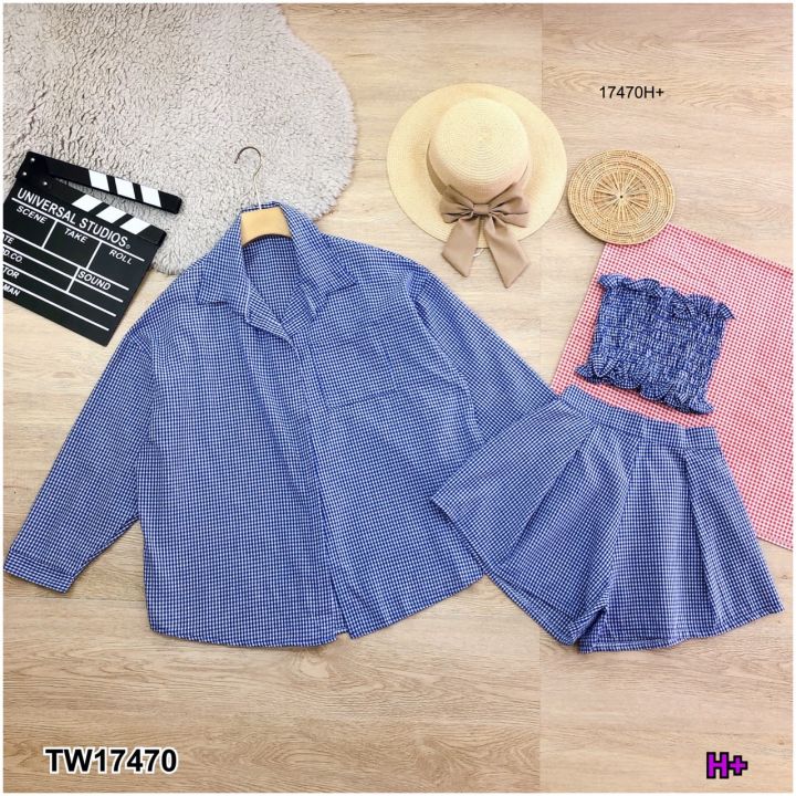 tw17470-set-3-ชิ้น-เสื้อเชิ้ตแขนยาวลายสก็อต-เกาะอก-กางเกงขาสั้นลายสก็อต