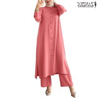 COD DSFGERRTYTRRE ZANZEA Women Muslim Fashion Breasted Long Shirts And Casual Wide Leg Elastic Waist Pants Solid Suits