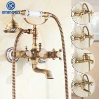 QSR STORE Antique Brushed Brass Bath Faucets Wall Mounted Bathroom Basin Mixer Tap Crane With Hand Shower Head   Faucet