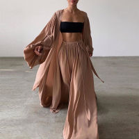 Women 3 Piece Sets Homewear Fashion Casual Lantern Sleeve Cardigan Tops Wide Leg Pants Suits Lady Spring Soft Three Piece Outfit