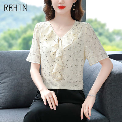 REHIN ผู้หญิงฤดูร้อนใหม่ดอกไม้พิมพ์ชีฟองแขนสั้นเสื้อ V คอ Ruffle Pullover Plus ขนาด M-4XL Elegant เสื้อ