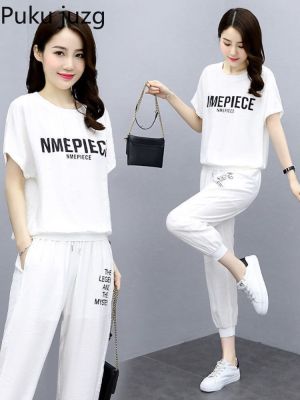 2022 Summer New Womens Sports Suit Leisure Sports Wear Short-Sleeved Jogging Short Loose T-Shirt Cropped Trousers Two-Piece Set