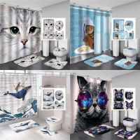 Cartoon Cat Pattern Shower Curtain Set with Rugs Waterproof Bathing Screen Anti slip Toilet Lid Cover Rugs Bathroom Decor