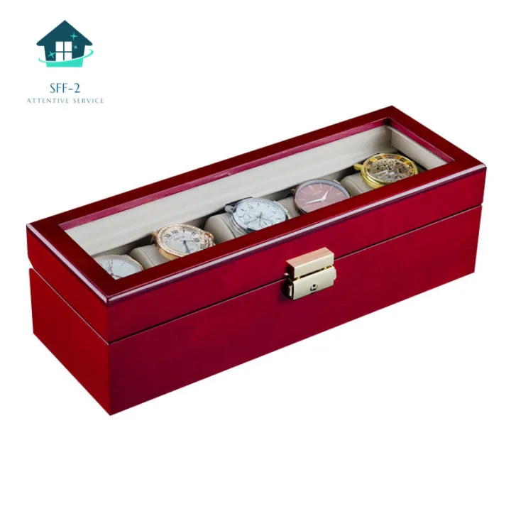 SFF2 Luxury Birch Wooden Watch Box Organizer Red Bracelet Mechanical