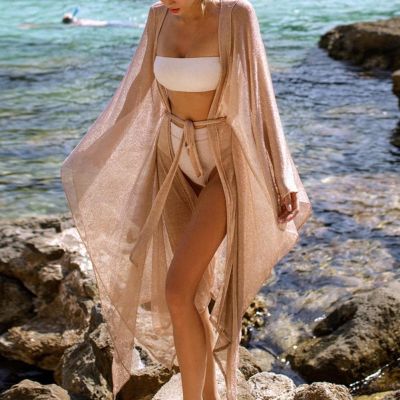 Hot sell 2022 Beach Cover Up Sun Protection Swimsuit Belt Shine Mesh Sexy Summer Kimono Beachwear Pareos Kaftan Bikini Cover Up Sarong