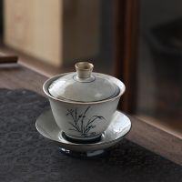 Gaiwan Tureen ชุดชาของตกแต่งกาน้ำชาชงสีทอง,หม้อฝาปิดถ้วยเซรามิกสีฟ้าและสีขาว