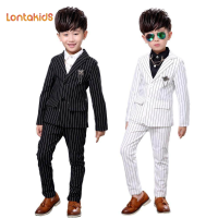 lontakids ชุดสูททางการลายทางสีดำและสีขาวสำหรับเด็กผู้ชายแขนยาวเด็กเสื้อสูทและกางเกงเครื่องแต่งกายสุภาพบุรุษเด็กอายุ2-11ปี