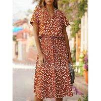 【Ladies shop】2021Polka DotLadiesPrint Shirt Dress Bohemian Mid-Length High Waist Beachwear Vacation Summer