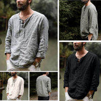 2022 New Mens Linen V Neck bandage T shirts The Spring and Autumn Male Solid Color Long Sleeves Casual Cotton Linen tshirt T