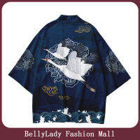 BellyLady เสื้อเสื้อคาร์ดิแกน Kimono สไตล์ญี่ปุ่นสำหรับผู้ชาย,เสื้อแขนสามส่วนพิมพ์ลายย้อนยุคสำหรับผู้หญิงเสื้อป้องกันแสงแดดทรงหลวมฤดูร้อน