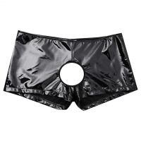 Sexy Mens Open-Hole Hollow PVC Bright Leather Boxer Tights Elastic Large Size Open File Leather Shorts Showing Buttocks Underwear