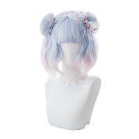 L-email wig Blue Gradient Pink Lolita Wigs Wavy Short Cosplay Wig with Buns Harajuku Japanese Heat Resistant Synthetic Hair ของขวัญ ของขวัญ