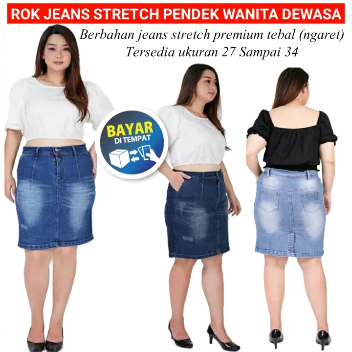 Manieren ernstig Autorisatie Rok Levis Pendek Wanita Bahan Jeans Stretch Ngaret Pinggang Kancing Rok  Span Pendek Selutut Cewek Remaja