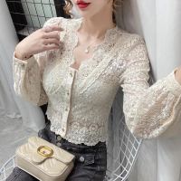 V-neck Shirt Puff Sleeve Chiffon Shirt Long Sleeve Hollow-out Lace Tops Women Blusas Ropa De Mujer