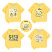 ฤดูร้อน Sanrioed Pompompurin เด็กผ้าฝ้ายแขนสั้นเสื้อชายหญิงการ์ตูนเสื้อยืด Kawaii อะนิเมะสบายๆเสื้อผ้าเด็กของขวัญ