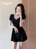 2023 summer a-line one-piece swimsuit womens high-end sense of thinness covering meat small chest black skirt students conservative swimming ins