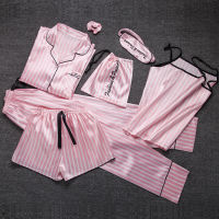 Summer autumn 7 Pcs Set Silk Elegant pajamas for Women stripe pink Shorts pajama set Long Sleeve Top Pants Full Lounge Sleepwear