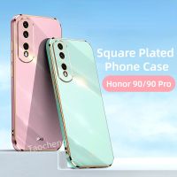 เคสสำหรับ Honor เคสโทรศัพท์90 Pro Honor90Pro 5G 2023สี่เหลี่ยมป้องกันเลนส์กล้องสีทึบแฟชันสุดหรูเคสกันกระแทกกรอบด้านหลัง