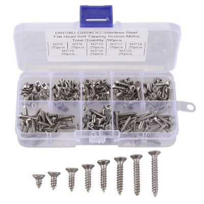 200Pcs M3 Stainless Steel Flat Head Screws Kits High Strength Self-Tapping Screws Assortment Set For Wood Furniture