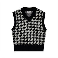 Korean Version Houndstooth Knitted Vest Waistcoat Sweater v-Neck Jacquard Design Feel R Time chic Style Casual All-Match Fashionable Gathering Pullover Top