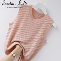 (9 Colors)LAREINE เสื้อกั๊กถักสำหรับผู้หญิงสไตล์ลำลองเสื้อกล้ามยืดสีทึบเสื้อยืดแขนกุดคอกลม