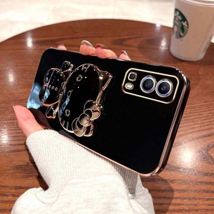 folding-makeup-mirror-phone-case-for-vivo-y72-5g-y52-5g-case-fashion-cartoon-cute-cat-multifunctional-bracket-plating-tpu-soft-cover-casing