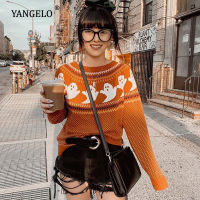 Yangelo Gothic Ghost Pattern Sweater Women Knit Top Loose Long Sleeves Warm Autumn Winter Streetwear Fashion Girl Pullover 2021