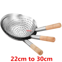 ขนาดใหญ่หนาสแตนเลสตาข่ายกรอง Colander Wok ไม้ Handle เครื่องครัวน้ำมันแป้ง Sifter Colander ครัวทำอาหาร Wok