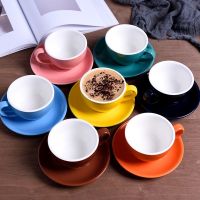 【High-end cups】220มิลลิลิตรแก้วกาแฟถ้วยกาแฟเซรามิกและจานรองชุดยุโรปสีเคลือบนมคาปูชิโน่ลาเต้ถ้วยโลโก้ที่กำหนดเอง