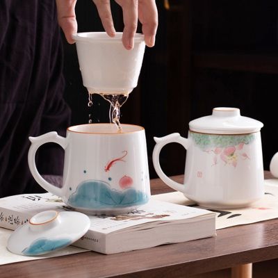 Ceramic Hand Painted Strainer Coffee Mug White Porcelain Tea Water Separation Cup Office Filter Teacups with Lid Drinkware 375ML