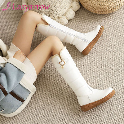 Lasyarrow PU Leather Fashion Boots Wedges High Heel Round Toe Ladies Boots Zipper Knee High Snow Boots Winter White Black